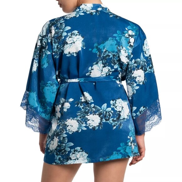 58$ In Bloom by Jonquil Floral Self-Tie Belt Satin Robe Women's Size M Eve Blue - Picture 2 of 4